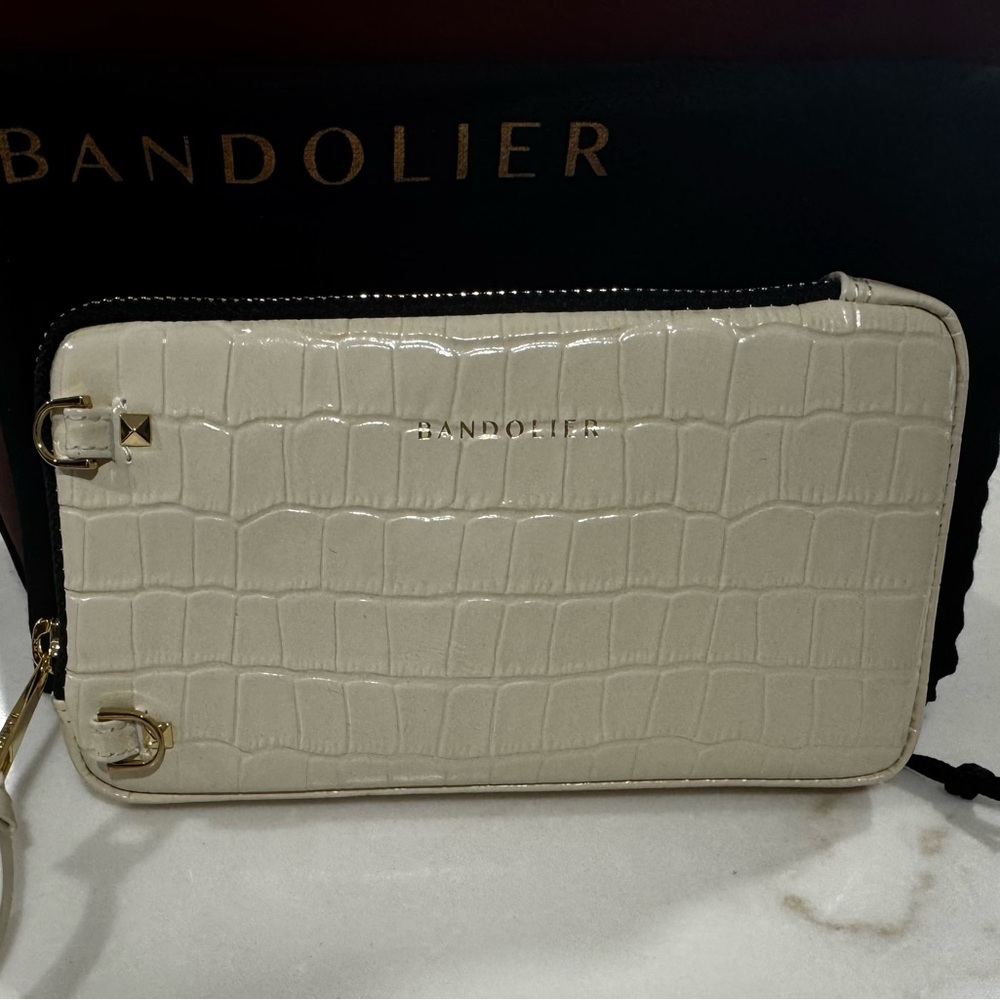 Bandolier Embossed Leather Expanded Zip Pouch in Ivory Croc/Gold